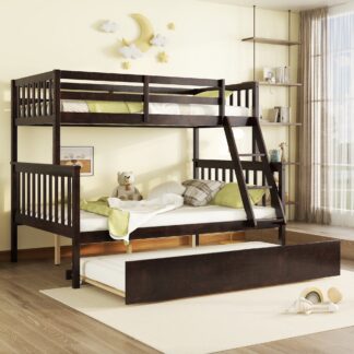 Kumix Twin over Full Bunk Bed with Trundle, Wood Bunk Bed with Convertible Ladder and Full-Length Guardrail for Kids Teens, Noise Free Bunk Bed Can Convertible into 2 Beds for Bedroom, Espresso