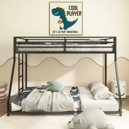 Kumix Twin Over Full Bunk Bed, Metal Bunk Bed with Full-Length Guardrail for Kids, Teens, Adults, Space-Saving Design Bunk Bed with Build-in Ladder, No Box Spring Needed, Easy to Install, Black