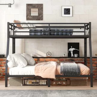 Kumix Full XL over King Bunk Bed, Metal Bunk Bed for Kids with Full Length Guardrail and 2 Build-in Ladders, Heavy Duty Bunk Bed Frame for Bedroom, Dom, Space-Saving, No Box Spring Needed, Black