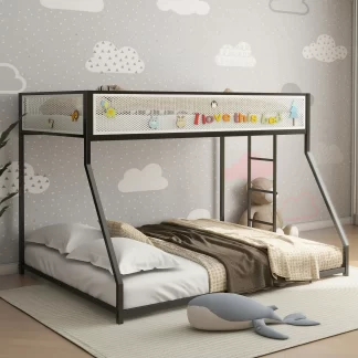 Kumix Bunk Bed Twin over Full, Low Bunk Bed for Kids with Mesh Guard Rail and Exchangeable Build-in Ladder, Heavy Duty Bunk Bed Frame for Bedrooms, Noise Free, No Box Spring Needed, Black & White