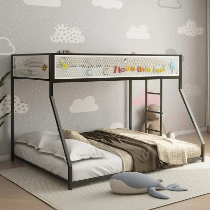 Kumix Bunk Bed Twin over Full, Low Bunk Bed for Kids with Mesh Guard Rail and Exchangeable Build-in Ladder, Heavy Duty Bunk Bed Frame for Bedrooms, Noise Free, No Box Spring Needed, Black & White