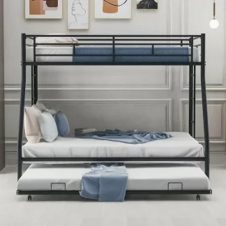 Kumix Bunk Bed Twin over Full, Metal Bunk Bed with Trundle, Heavy Duty Bunk Bed Frame for 3 Kids Teens and Adults with Two Side Ladders and Full-Length Guard Rail, 3 in 1 Triple Bunk Beds, Black