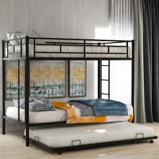 Kumix Bunk Bed Twin over Twin, Metal Bunk Bed with Trundle, Bunk Beds Twin Size for Kids, Teens, Adults with Two Side Ladders and Full-Length Gruardrail, No Box Spring Needed, Black