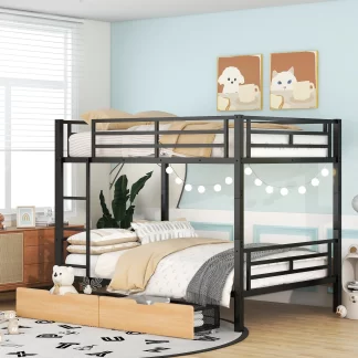 Kumix Full over Full Bunk Bed, Heavy Duty Bunk Bed Frame with 2 Drawers, Full-Length Guardrail for Kids, Teens, Adults, Convertible Bunk Bed with Build-in Ladder, Noise Free, Space Saving, Black