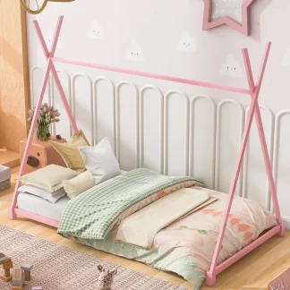 Kumix Floor Bed Twin Size, Tent Floor Bed with Triangle Structure for Kids Boys and Girls, Metal Toddler Floor Bed with X-Rail, Tent Floor Bed Frame for Bedroom, Noise Free Twin Toddler Bed, Pink
