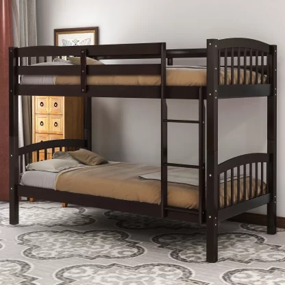 Kumix Twin Over Twin Bunk Bed, Wood Bunk Bed for Kids Teens Adults with Full-Length Guardrail and Ladder, 2 Bunk Beds Able to Split, Space-Saving Bunk Bed Frame for Bedroom, Noise Free, Espresso