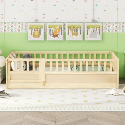Kumix Twin Floor Bed, Wood Floor Bed with Fence and Door for Kids, Boys/Girls, Toddler Floor Bed with Safety Guardrails, Montessori Floor Bed Frame for Bedroom, Easy Assembly, Natural