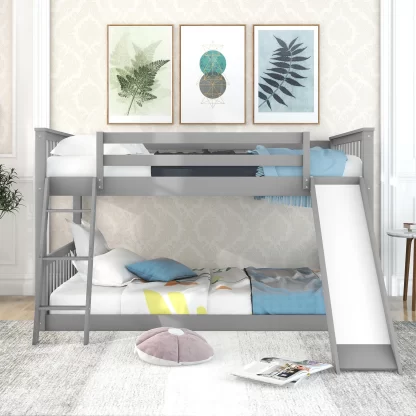 Kumix Bunk Bed with Slide, Full over Full Bunk Bed with Inclined Ladder and Full-Length Guardrail for Kids, Teens, Adults, Full Size Wood Bed for Bedrooms, Dormitories, Space-Saving, Gray