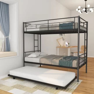 Kumix Twin Over Twin Bunk Bed with Trundle, Metal Bunk Bed with Safety Guardrails and Ladders for Kids, Teens, Adults, Saving Space, Suitable for Bedrooms, Apartments, and Dormitories, Black