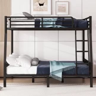 Kumix Bunk Bed Full XL over Queen, Metal Bunk Bed Frame with Ladder and Full-Length Guardrail for Bedroom, Heavy-Duty Bunk Beds for Kids, Teens, Adults, Space-Saving, No Box Spring Needed, Black