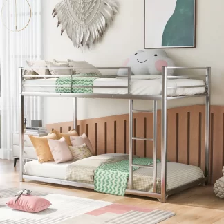Kumix Bunk Bed Twin over Twin, Low Bunk Bed with Guardrails and Built-in Ladder, Metal Bunk Bed for Kids Teens Adults, Twin Bunk Beds Frame for Bedroom, Noise Free, Easy Assembly, Silver