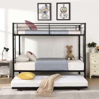 Kumix Bunk Bed Twin over Twin, Heavy Duty Bunk Bed with Trundle, Metal Bunk Bed Can Be Divided into 2 Beds, Space-Saving Bunk Bed for Kids with Guard Rail and Ladders, Noise Free for Dorm, Black