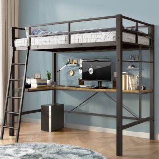 Kumix Loft Bed with Desk, Metal Loft Bed Twin Size with Charging Station for Kids Teens, Heavy-Duty Loft Bed with Safety Guardrail and Ladder for Bedroom, No Box Spring Needed, Noise-Free, Black