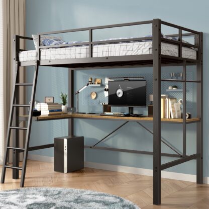 Kumix Loft Bed with Desk, Metal Loft Bed Twin Size with Charging Station for Kids Teens, Heavy-Duty Loft Bed with Safety Guardrail and Ladder for Bedroom, No Box Spring Needed, Noise-Free, Black