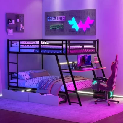 Kumix Bunk Bed with Desk, Light, Full over Full Bunk Bed with 2 Drawers, Ladder and Full Length Guardrail for Kids Teens and Adults, Noise Free Metal Bunk Bed Frame for Bedroom, Space-Saving, Black