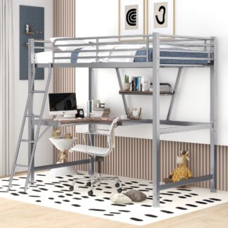 Kumix Loft Bed with Desk and Shelf, Metal Loft Bed Twin Size with Full-Length Guardrails and Ladder for Kids Teens Adults, Heavy Duty Loft Bed for Bedroom, Space Saving, Noise Free, Silver