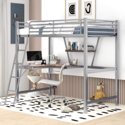 Kumix Loft Bed with Desk and Shelf, Metal Loft Bed Twin Size with Full-Length Guardrails and Ladder for Kids Teens Adults, Heavy Duty Loft Bed for Bedroom, Space Saving, Noise Free, Silver