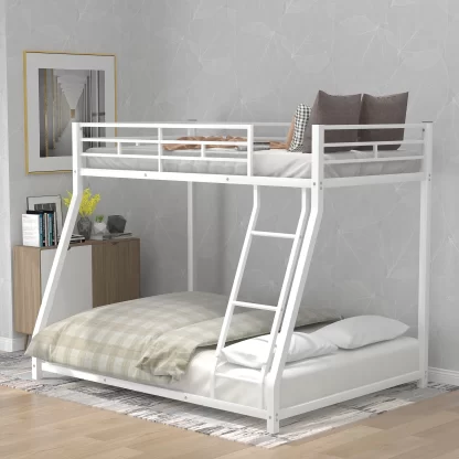Kumix Bunk Bed Twin over Full, Low Bunk Bed for Kids Adults with Safety Guardrails and Inclined Ladder, Metal Bunk Bed Frame for Bedroom, Dom, Noise Free, No Box Spring Needed, White