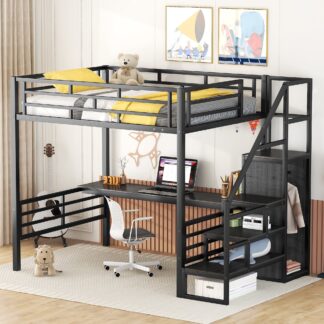 Kumix Full Size Loft Bed with Desk, Metal Loft Bed with Storage Staircase and Small Wardrobe for Kids Teens, Multifunctional Loft Bed with Ladder and Guardrails, Space-Saving, Black