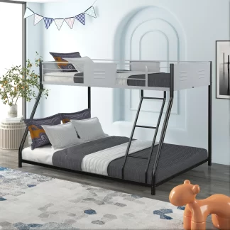 Kumix Twin over Full Bunk Bed, Low Bunk Bed with Full Length Guard Rails and Inclined Ladder, Heavy Duty Bunk Bed for Kids, Teens and Adults, No Box Spring Needed, Noise Free, Black+Gray