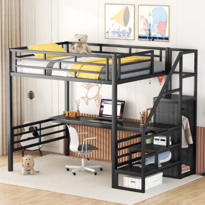 Kumix Full Size Loft Bed with Desk, Metal Loft Bed with Storage Staircase and Small Wardrobe for Kids Teens, Multifunctional Loft Bed with Ladder and Guardrails, Space-Saving, Black