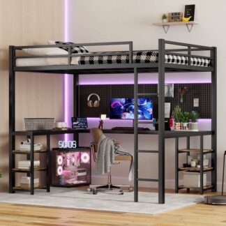 Kumix Loft Bed with Desk and Shelves, Metal Loft Bed Full XL Size with Ladder and Safety Guardrails for Kids Teens Adults, Space-Saving Loft Bed Frame for Bedroom, Black with Wood-Colored Desk