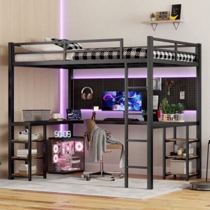 Kumix Loft Bed with Desk and Shelves, Metal Loft Bed Full XL Size with Ladder and Safety Guardrails for Kids Teens Adults, Space-Saving Loft Bed Frame for Bedroom, Black with Wood-Colored Desk
