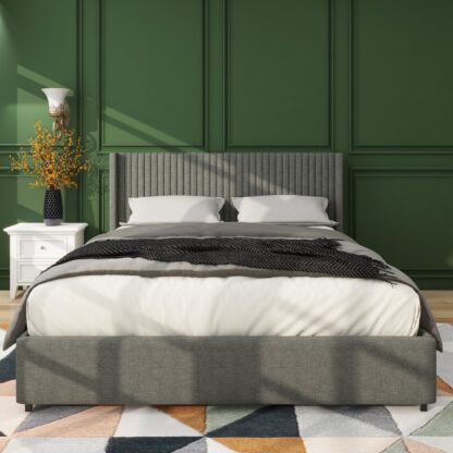 Kumix Platform Bed, Queen Platform Bed with Four Drawers Storage, Slat Support, Headboard for Bedroom, Linen Upholstered Wingback Bed for Kids Adults, No Box Spring Needed, Noise Free, Gray