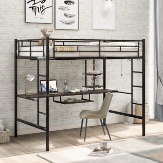 Kumix Loft Bed with Desk and Shelves, Metal Loft Bed Full Size with Full-Length Guardrail and Two Sides Ladder for Kids Teens, Space-Saving Loft Bed Frame for Bedroom, Dom, Noise Free, Black