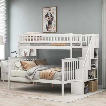 Kumix Bunk Bed Twin over Full, Bunk Bed with Storage and Full-Length Guardrail for Kids, Teens, Adults, Space-Saving Wood Bunk Bed with Stairway for Bedroom, Noise Free, White