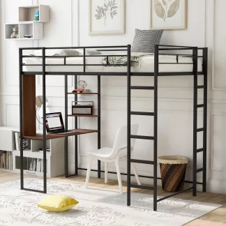 Kumix Loft Bed Twin Szie, Metal Loft Bed with Desk and Shelves for Kids Teens, Space-Saving Loft Bed with Full-Length Guardrails and Two Sides Ladders for Bedroom, Noise-Free, Black