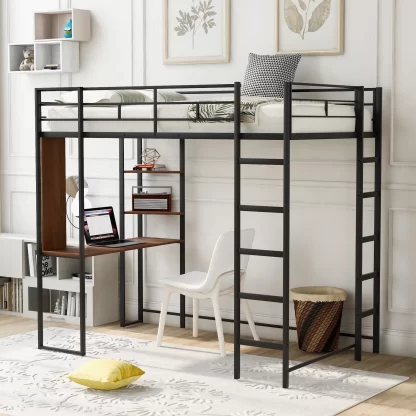 Kumix Loft Bed Twin Szie, Metal Loft Bed with Desk and Shelves for Kids Teens, Space-Saving Loft Bed with Full-Length Guardrails and Two Sides Ladders for Bedroom, Noise-Free, Black