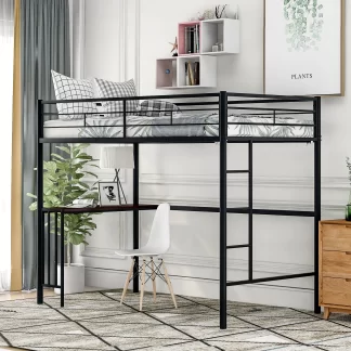 Kumix Loft Bed Twin Size, Metal Loft Bed with Desk, Build-in Ladder and Safety Guardrails for Kids, Teens, Adults, Noise-Free Loft Bed for Bedroom, Dom, No Box Spring Needed, Black