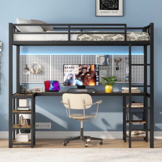 Kumix Loft Bed with Desk and Shelves, Metal Loft Bed Twin XL Size with Ladder and Safety Guardrails for Kids Teens Adults, Space-Saving Loft Bed Frame for Bedroom, Black with Wood-Colored Desk