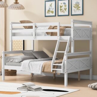 Kumix Twin Over Full Bunk Bed, Wood Bed with Ladder and Full-Length Guardrail for Kids, Teens, Adults, Can Convertible into 2 Bed for Bedroom, Noise Free, Space-Saving, No Box Spring, White