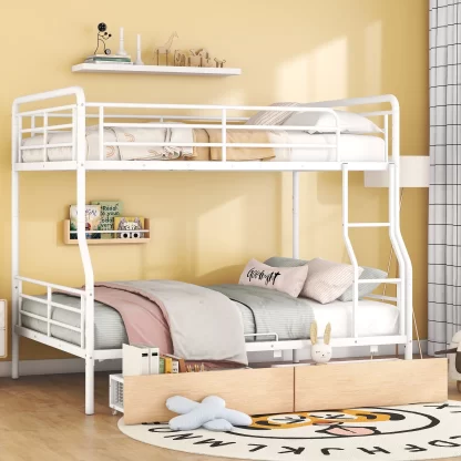 Kumix Full over Queen Bunk Bed, Full Size Bunk Bed with Drawer, Full-Length Guardrail and Ladder for Kids, Teens, Adults, Metal Bunk Bed Can Convertible into 2 Bed for Bedroom, Space-Saving, White