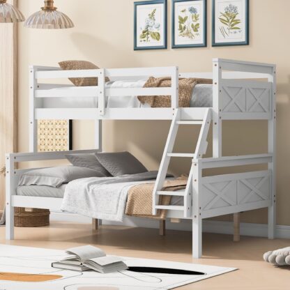 Kumix Twin Over Full Bunk Bed, Wood Bed with Ladder and Full-Length Guardrail for Kids, Teens, Adults, Can Convertible into 2 Bed for Bedroom, Noise Free, Space-Saving, No Box Spring, White