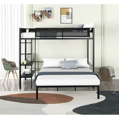 Kumix Bunk Bed Twin over Full, Metal Bunk Bed with Shelves, Textilene Guardrail, Grid Panel for Kids, Teens, Adults, Space-Saving Bunk Bed Can Convertible into 2 Beds for Bedroom, Black