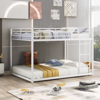 Kumix Bunk Bed Full over Full, Low Bunk Bed with Guardrails and Built-in Ladder, Metal Bunk Bed for Kids Teens, Floor Full Bunk Beds for Bedroom, Dom, Noise Free, White