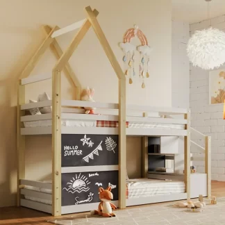 Kumix Twin over Twin Bunk Bed, House Bunk Bed with Storage Staircase, Stairs with Handrails and 2 Blackboards for Kids Teens, Noise Free Wooden Low Bed, No Box Spring Needed, White and Natural