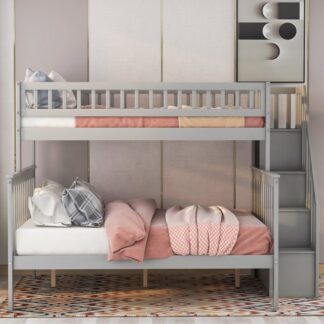 Kumix Bunk Bed Twin over Full, Bunk Bed with Storage and Full-Length Guardrail for Kids, Teens, Adults, Space-Saving Wood Bunk Bed with Stairway for Bedroom, Noise Free, Gray