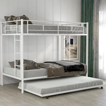 Kumix Twin over Twin Bunk Bed with Trundle, 2 Beds Bunk Bed with Full-length Guardrail and 2 Build-in Ladders for Kids, Teens, Adults, Metal Bunk Bed Twin Size for Bedrooms, Easy to Install, White