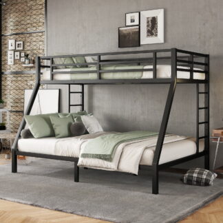 Kumix Twin XL over Queen Bunk Bed, Metal Bunk Bed for Kids with Full Length Guardrail and 2 Build-in Ladders, Heavy Duty Bunk Bed Frame for Bedroom, Dom, Space-Saving, No Box Spring Needed, Black