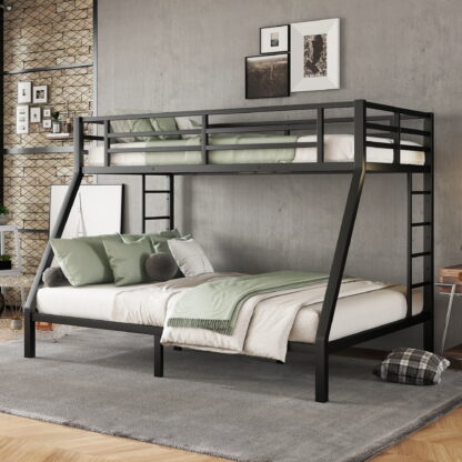 Kumix Twin XL over Queen Bunk Bed, Metal Bunk Bed for Kids with Full Length Guardrail and 2 Build-in Ladders, Heavy Duty Bunk Bed Frame for Bedroom, Dom, Space-Saving, No Box Spring Needed, Black