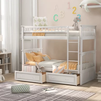 Kumix Twin over Twin Bunk Bed, Bunk Bed with 2 Drawers and Full-Length Guardrail for 2 Kids, Convertible Bunk Beds for Bedroom, Wood Bunk Bed Twin Size, Space-Saving, Noise-Free, White
