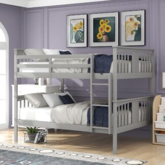 Kumix Full over Full Bunk Bed, Wood Bunk Bed with Build-in Ladder and Full-Length Guardrail for Kids Teens, Full Size Bunk Beds Able to Split for Bedroom, Dom, Noise Free, Space- Saving, Gray