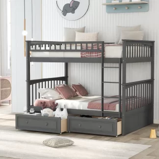 Kumix Full over Full Bunk Bed, Bunk Bed with 2 Drawers and Full-Length Guardrail for 2 Kids, Convertible Bunk Beds for Bedroom, Wood Bunk Bed Full Size, Space-Saving, Noise-Free, Gray