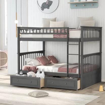 Kumix Full over Full Bunk Bed, Bunk Bed with 2 Drawers and Full-Length Guardrail for 2 Kids, Convertible Bunk Beds for Bedroom, Wood Bunk Bed Full Size, Space-Saving, Noise-Free, Gray