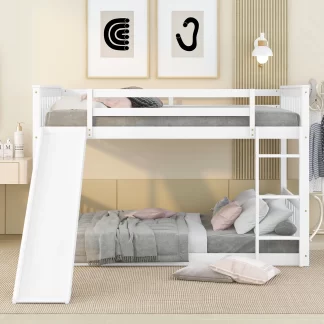 Kumix Bunk Bed Full over Full with Slide, Wood Bunk Bed with Built-in Ladder and Guardrails for Boys and Girls, Low Bunk Bed for Kids, Noise Free Floor Full Bunk Beds for Bedroom, Dormitory, White