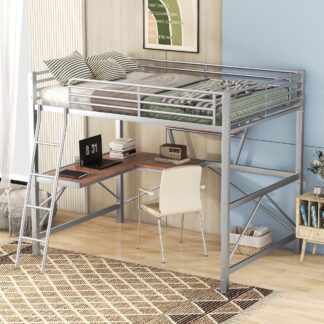 Kumix Loft Bed with Desk and Shelf, Metal Loft Bed Full Size with Full-Length Guardrails and Ladder for Kids Teens Adults, Heavy Duty Loft Bed for Bedroom, Space Saving, Noise Free, Silver